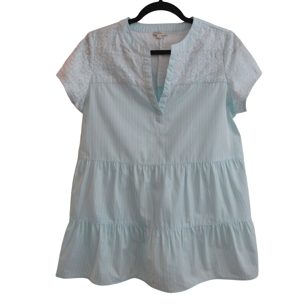 Tyler Boe Womens Light Blue Pinstripe Tiered Embroidered Tunic Top Small Cotton